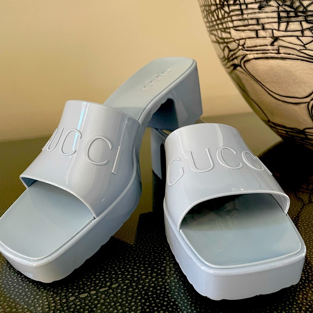 Gucci Powder Blue Rubber Platform Slides